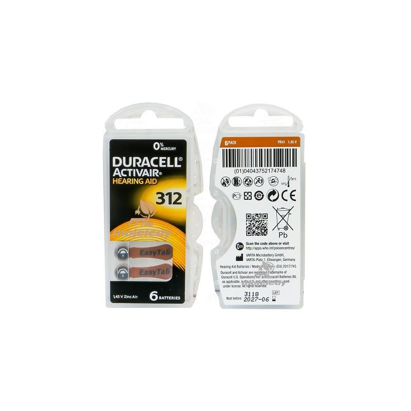 Bateria słuchowa DURACELL 312 6BL