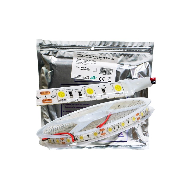 Taśma 300 LED 5050SMD 72w 12V zimna PRE IP44 5m