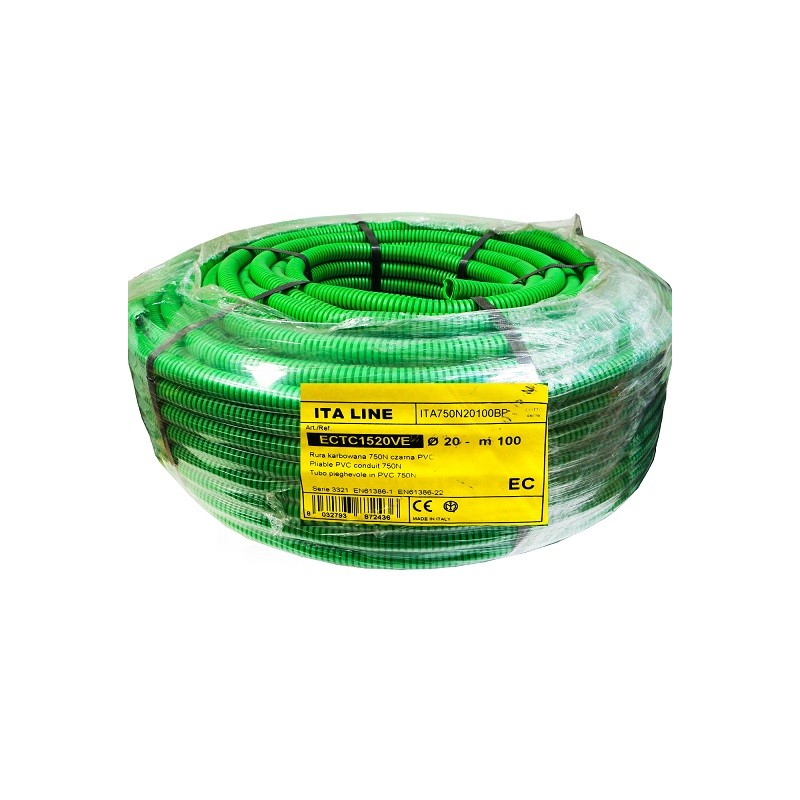 Rura karbowana zielona 750N fi20 PVC 100m