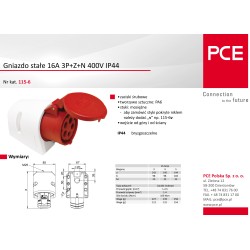 Gniazdo stałe 16A 5P 400V czerwone IP44 115-6 PCE
